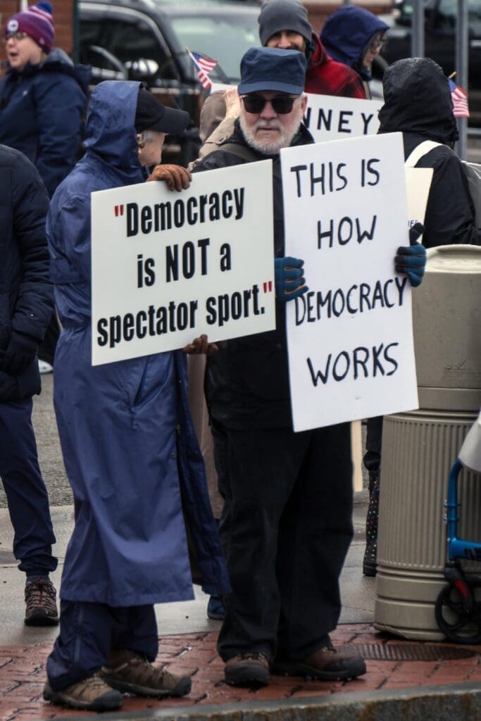 People holding protest signs about democracy.