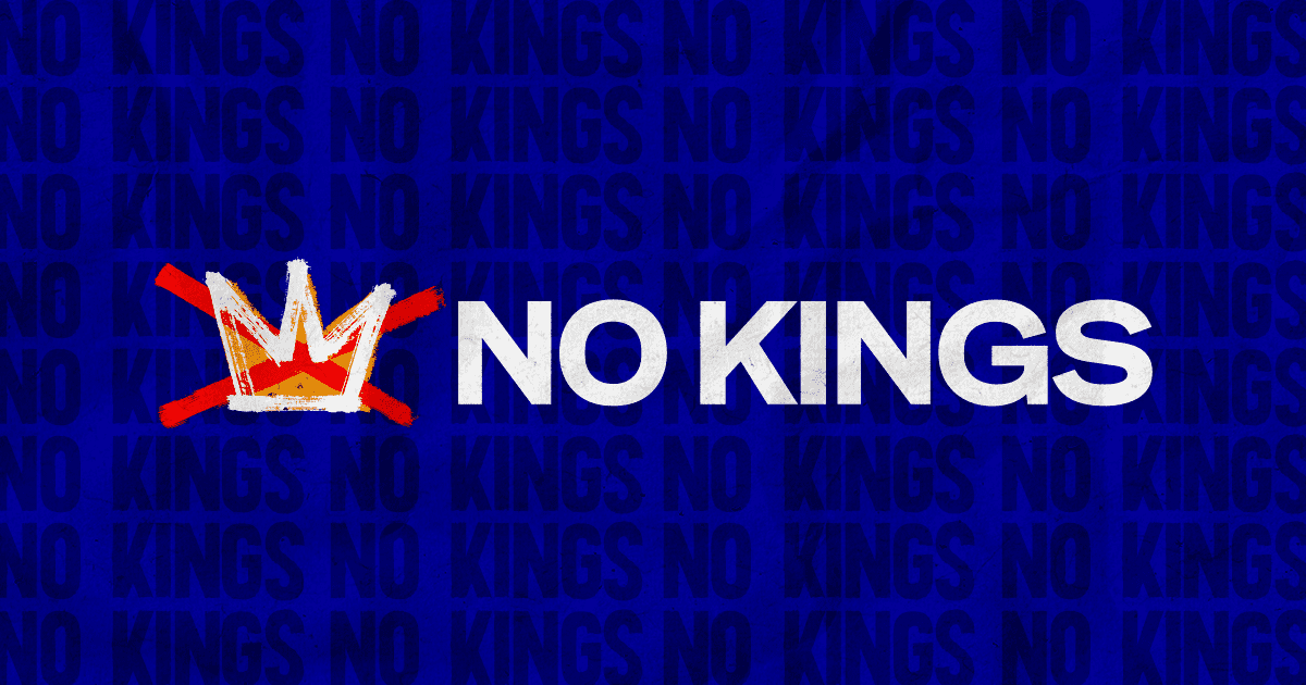 Phrase "NO KINGS" in white on a blue background with a yellow crown covered by a red "X".