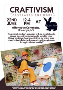 Flyer for Craftivism - Postcards and More Event. Drop-in Format from Noon to 4pm. 6 Honoeye Commons, Honeoye, NY. at The Fuzzy Bunny Shop.