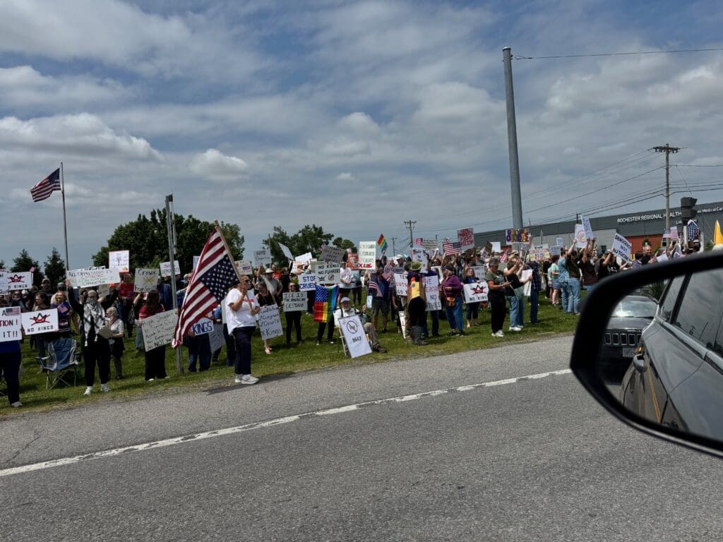 Large protest with signs and flags by roadside.