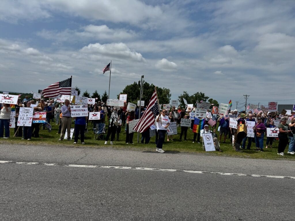 Protesters with signs and flags on a sunny day.