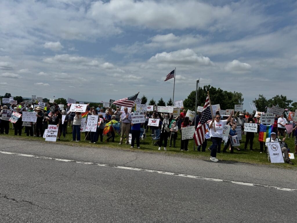 Crowd holding protest signs and American flags.