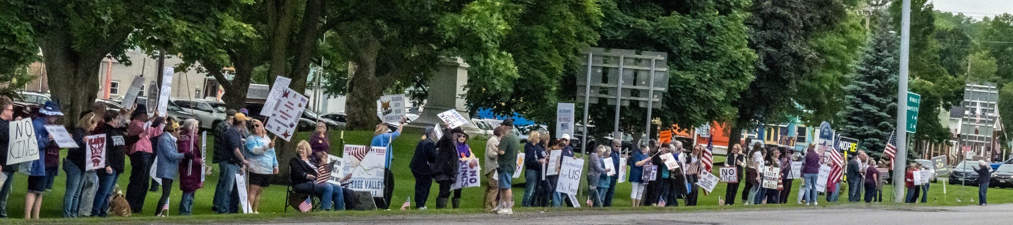 People protesting with signs on a street corner.