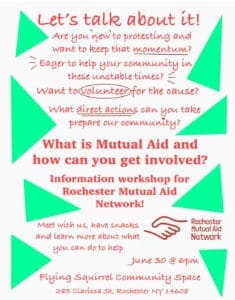 Flyer for Rochester Mutual Aid Network - white background with red lettering and green triangle s along the border