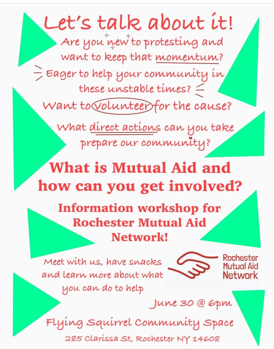 Flyer for Rochester Mutual Aid Network - white background with red lettering and green triangle s along the border