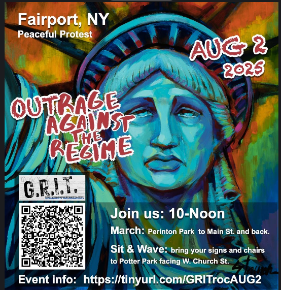 Protest rally poster featuring Statue of Liberty artwork.