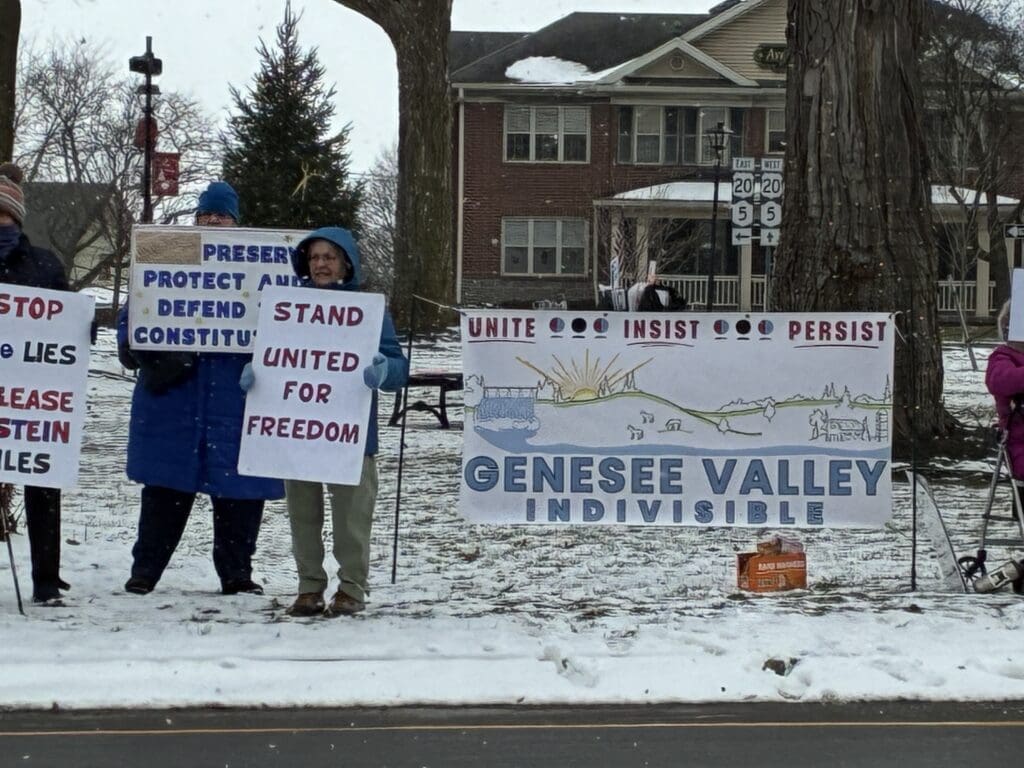 Protesters holding signs for freedom and constitutional rights.