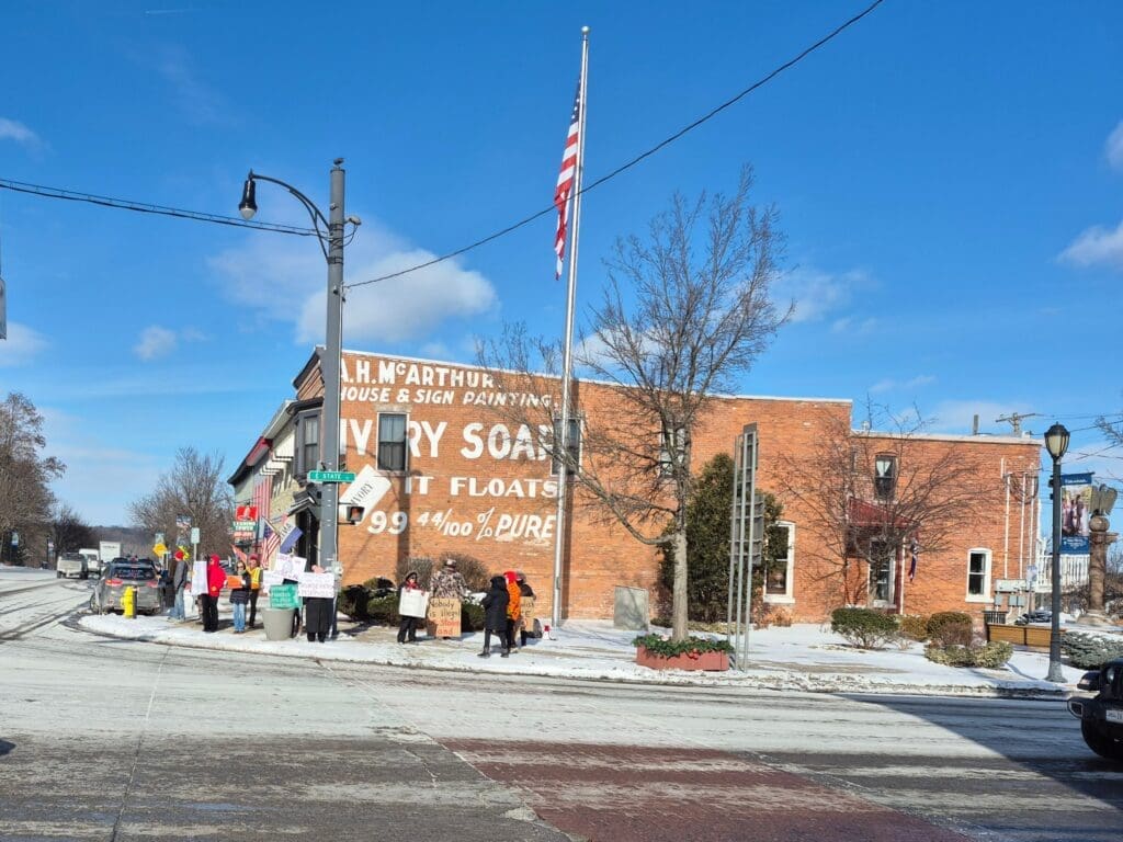Historic Ivory Soap ad on snowy street corner.