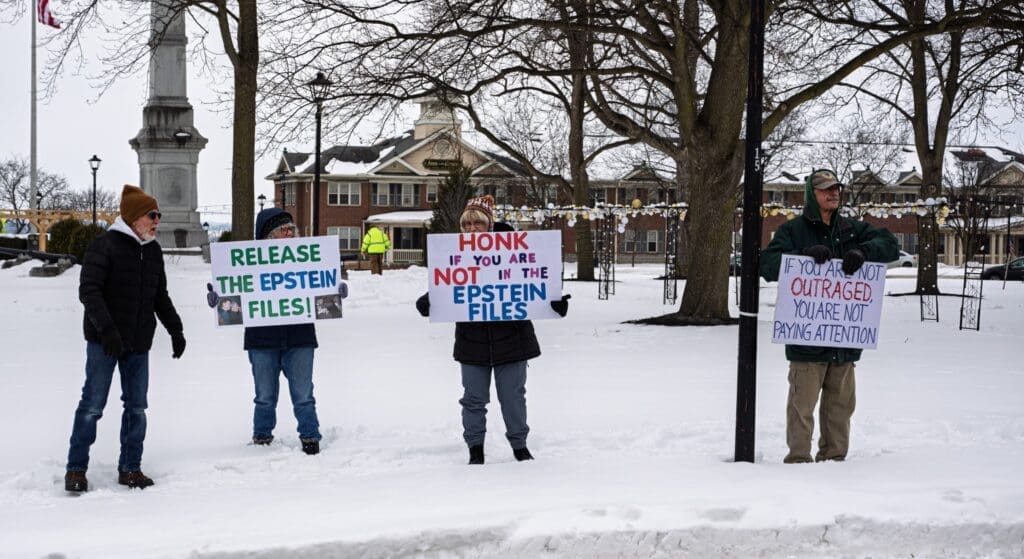 Protesters in snow holding signs about Epstein files.