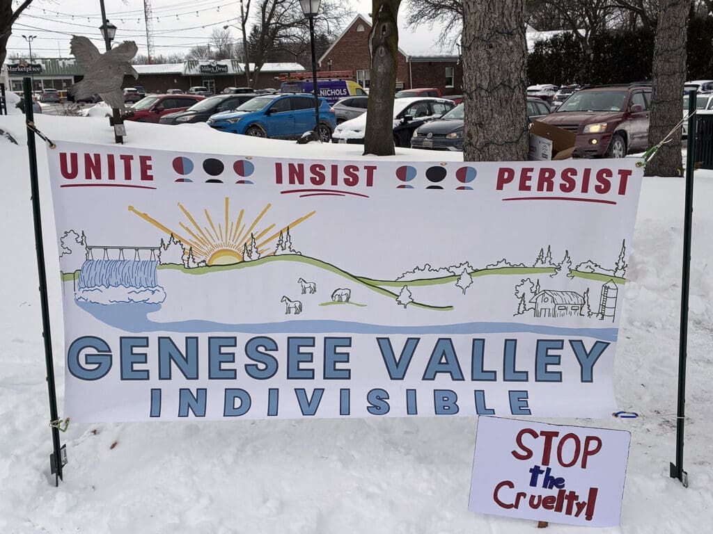 Genesee Valley Indivisible banner in snowy parking lot.