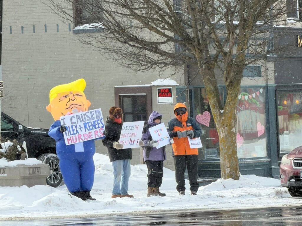 Protesters holding signs in snowy street