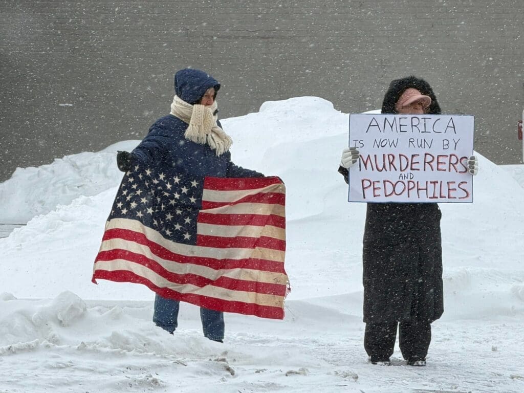 Protesters holding sign and flag in snowstorm.