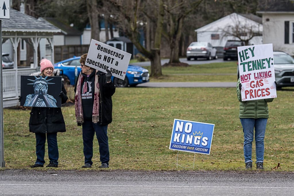 Three protesters holding political signs on roadside lawn
