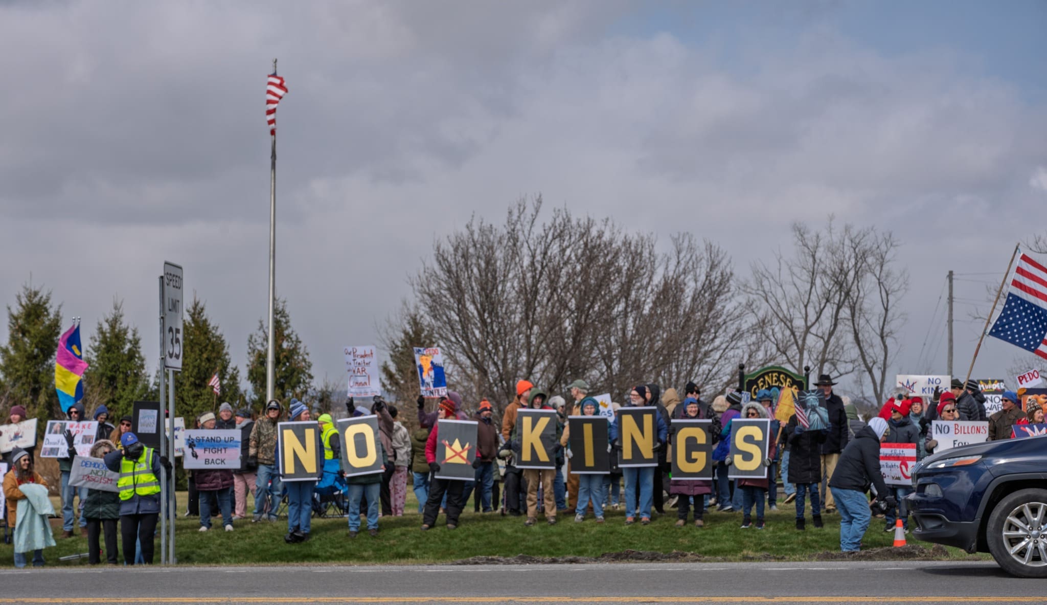 Protesters holding 'No Kings' signs roadside rally