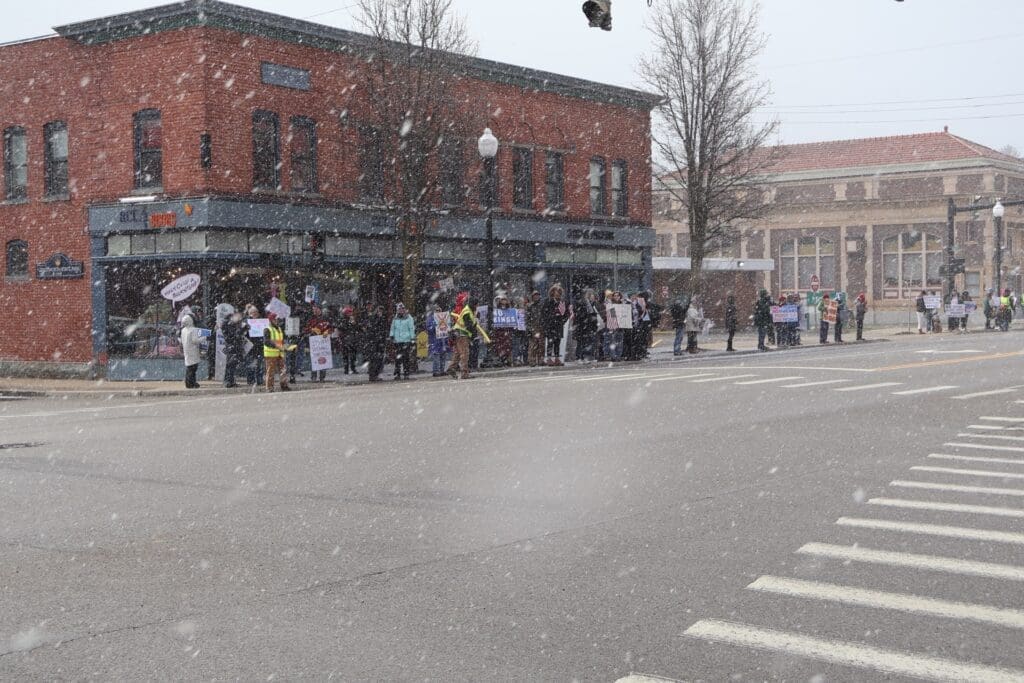 Protesters holding signs during snowfall on city street