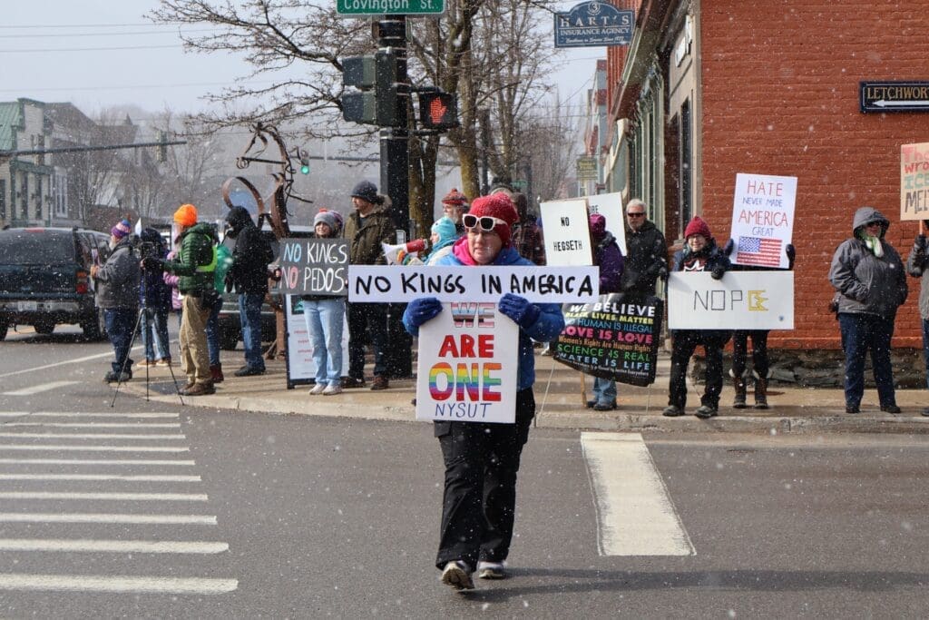 Protesters holding signs at snowy street corner rally