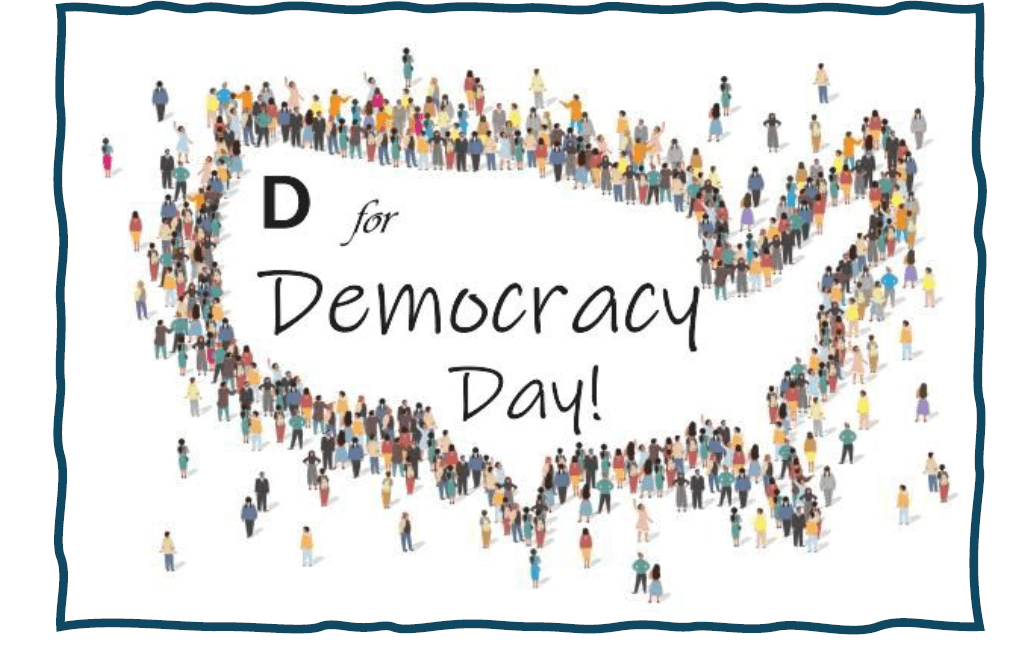Diverse crowd forming letter D for Democracy Day