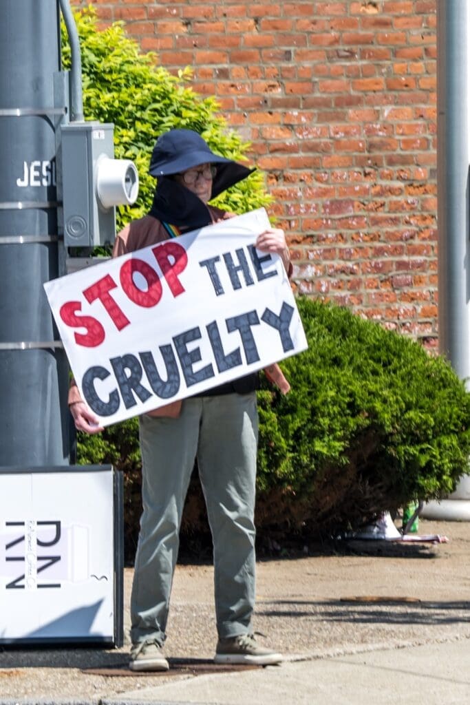 Protester holding Stop The Cruelty sign outside brick building