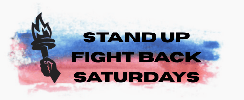 Torch icon with Stand Up Fight Back Saturdays text