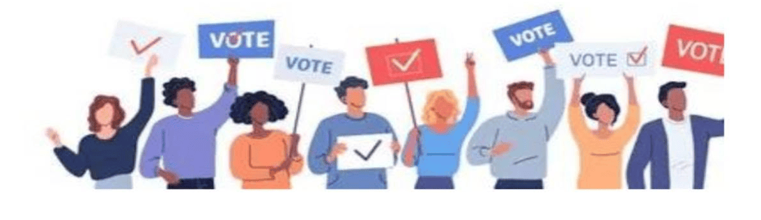 Diverse group of people holding vote signs and banners